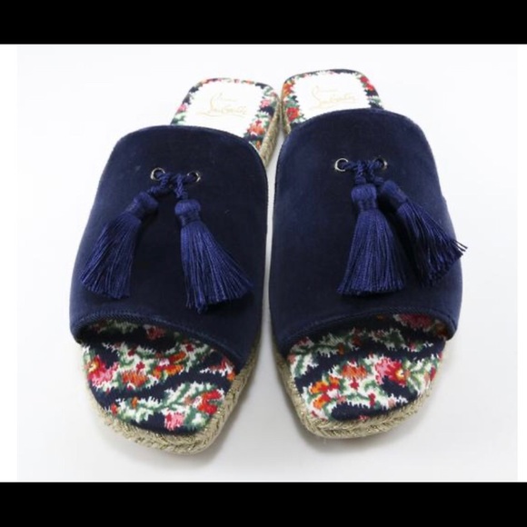 Christian Louboutin Pacha Blue Velvet Slides - Picture 2 of 9